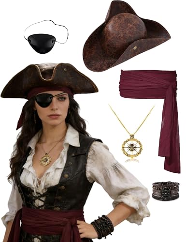 FasChic 5pcs Pirate Costume Accessories Set With Novelty Leather Tricorn Pirate Hat Eye Patch Necklaces Bracelet Belt for Men Women (Brown)