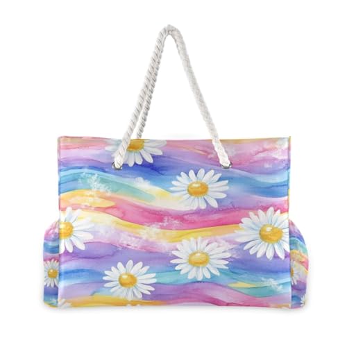 Rainbow Daisy Beach Bag & Travel Tote Bag Large Sandproof with Zipper Closure, Wet Pouch for Swim Gym Travel, Lightweight Foldable Outdoor Bag2