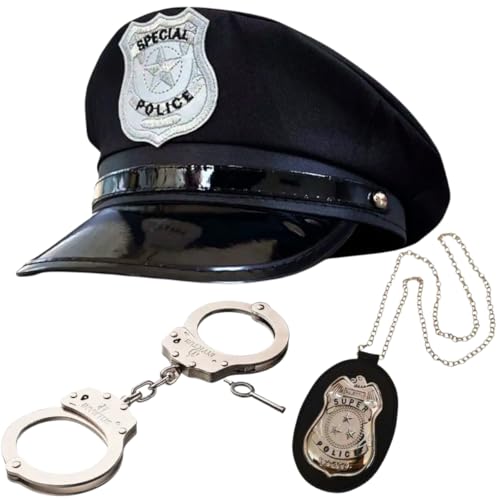 Kit Fantasia De Policial, Quepe, Distintivo, Algemas De Metal Para Festa e Carnaval
