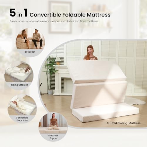 Image of Tri-Fold Foldable Mattress, Convertible Folding Sofa Bed with Removable Arms & Washable Cover, All-in-One Portable Mattress Floor Sofa Bed, No Assembly Required & Non-Slip, Full Size, Beige