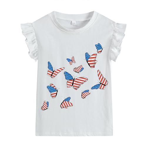 Little Hand Girls 4th of July Shirt Toddler American Flag Shirts USA Flag Tee Kids Patriotic Ruffle Sleeve T-Shirt 2-7 Years