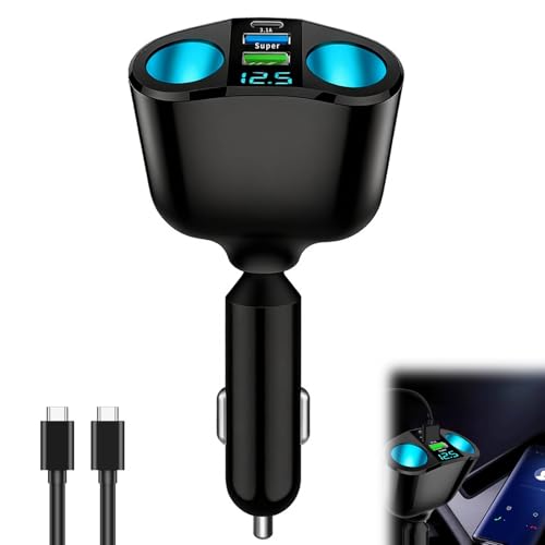 66W Car Cigarette Lighter Adapter 12V/24V Multi Socket USB-C PD Dual USB-A Double Cigarette Lighter Car USB Charger Splitter with LED Voltmeter Fast Charging for Phones GPS Dashcam Vehicle Devices