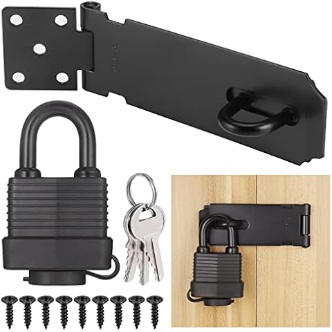Door Latch Hasp with Door Padlock and Screw, Stainless Steel Door Lock with Key, Heavy Duty Hasp and Staple, Gate Lock, Waterproof Shed Lock, Latch Lock for Bedroom Door Patio Door Garden Gate (Black) Cover