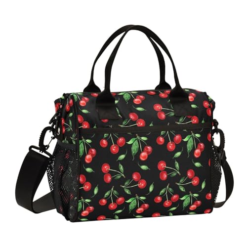 Krafig Cherry Pattern Lunch Bag Reusable Lunch Box for Office Picnic Hiking Beach, Insulated Cooler Tote Food Container with Adjustable Shoulder Strap for Men Women Adults