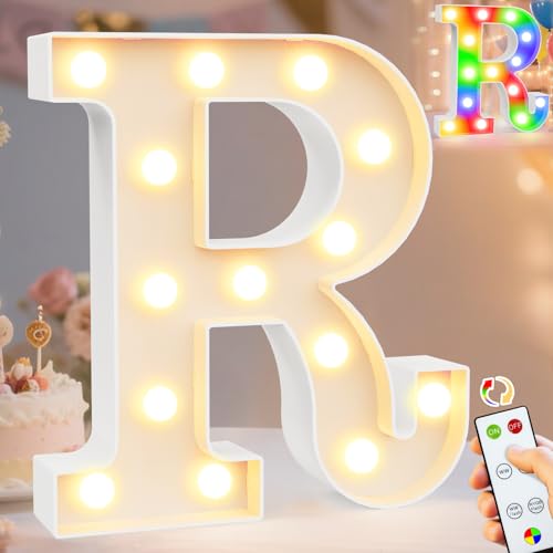 Image of Pooqla LED Light Up Letters, Warm White and Colorful Lighted Marquee Letters with Remote, Lighted Letter for Party Birthday Decorations, Gift for Girls Boys Night Light, Wedding Home Decor, Letter R
