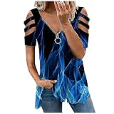 Summer Women Cold Shoulder Tshirt Tops Casual Sexy Loose Fit V Neck Blouses Fashion Short Sleeve Zip