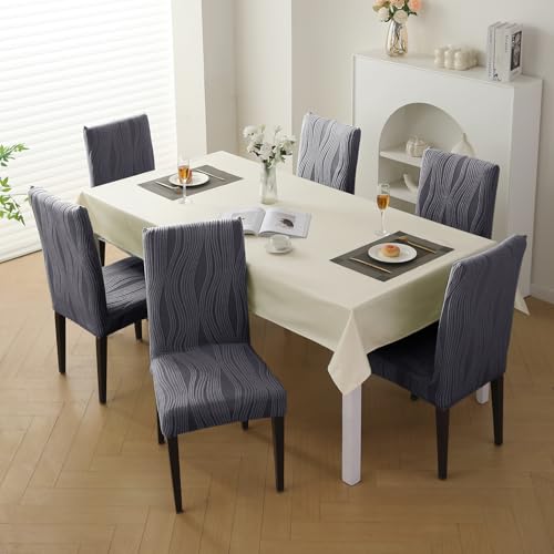Image of HOKIPO 200 GSM Premium Knitting Jacquard Elastic Dining Table Chair Cover Set of 6, 'Nestiva Series' Porpoise Grey (AR-6072-GRY)