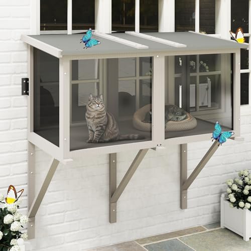 PetsCosset Cat Window Box Catio Outdoor Cat Enclosure for Sunbathing Napping & Bird Watching Sturdy Window Perch for Indoor Cats for Apartments Keeps Insects Out All-Weather Use Grey