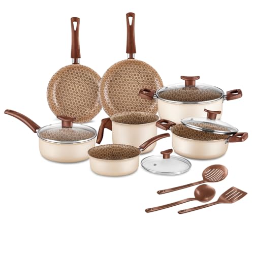 House Organizer Jogo de Panelas Antiaderente com Tampas de Vidro e Utensílios – 10 Peças (Ivory)