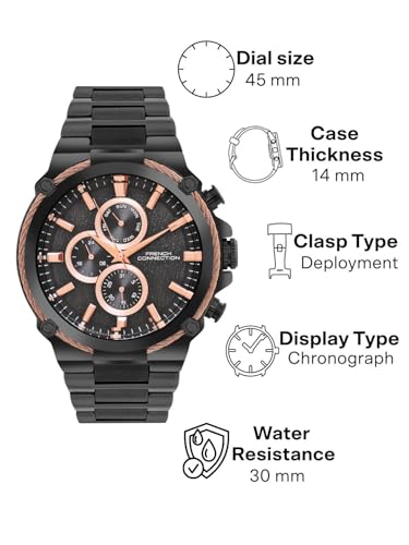 Image of French Connection Astro Multifunction Black Round Dial Stainless Steel Strap | Casual | Premium | See Through Feature | Sunray Feature Wrist Watch for Men - FCH18BM
