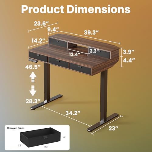 Image of HUANUO 40 X 24 inch Electric Standing Desk with 4 Drawers, Adjustable Height Sit Stand Home Office Desk, C-Clamp Mount Compatible, Ergonomic Stand up Desk with 4 Preset Heights, Walnut