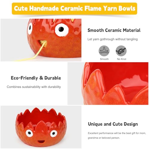 Image of Katech Flame Yarn Bowl for Crocheting-Crochet Bowls for Yarn w /Crochet Hooks-Knitting Bowl-Cute Handmade Ceramic Flame Yarn Bowls-Ideal Crochet Gifts for Crocheters Knitter(6.3 inch x 6.3 inch x 4 inch)