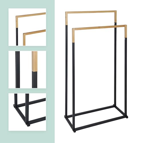 Relaxdays Toallero, H x An x F: 86 x 44 x 21 cm, Metal, bambú, 2 Varillas, de pie, Negro/Natural, Hierro, 84.5 x 45 x 21 cm - imagen 5