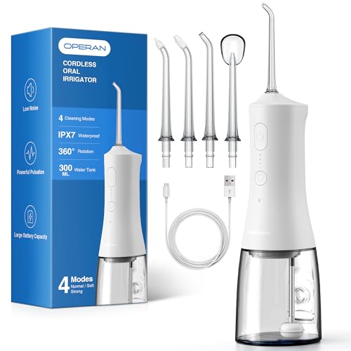 Operan Cordless Water Flossers for Teeth, 300ML Rechargeable Oral Irrigator with 4 Modes & 4 Nozzles, Portable Water Flossers for Adults, IPX7 Waterproof for Home and Travel, WhiteοΌ01Pack