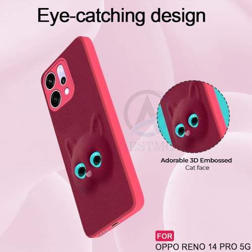 Image of AESTMO Back Case Cover for Oppo Reno 14 Pro 5G Back Cover | 3D Cat Cover | Leather Finish | Full Body Protection | Camera Protection Back Cover for Oppo Reno 14 Pro 5G (Pink)