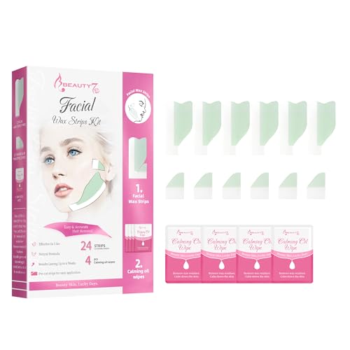 Beauty7 Bandas de Cera Fría Cara 24 Tiras Depilación Facial Fórmula Cera para Piel Sensible Fácil Aplicación Depilación Duradera