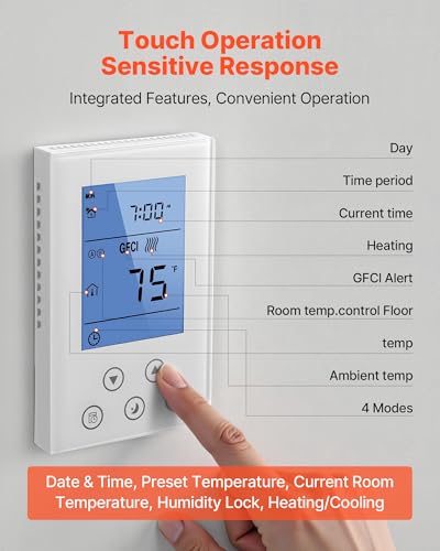 Image of VEVOR 7-Day Programmable Thermostat White - for Radiant Underfloor Heating Cable & Heat Pump, Built-in GFCI & Sensitive Sensor, LED Backlit Screen, Energy-Efficient