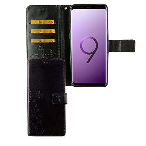Protection Samsung Galaxy S9 Plus étui portefeuille noir avec fentes cartes motif fleur