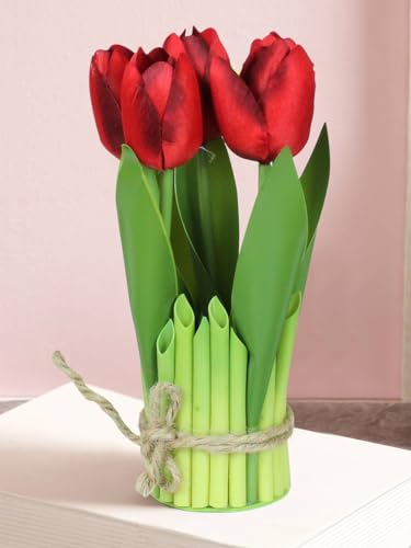 Image of TIED RIBBONS Artificial Tulip Flowers for Decoration (Red, 24.5 cm x 6.3 cm) Decorative Items for Home Decor Table Living Room Office Gifting