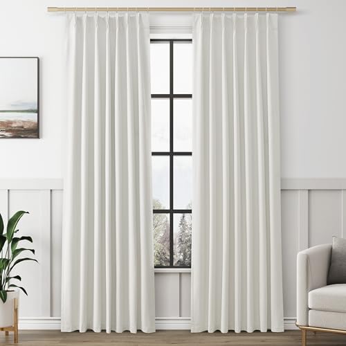 Image of Ivory 100% Blackout Pinch Pleated Linen Curtains 84 Inches Long for Living Room Bedroom Pinch Pleat with Hooks Back Tab Linen Drapes Thermal Insulated Room Darkening 84 Inch Length 40x84