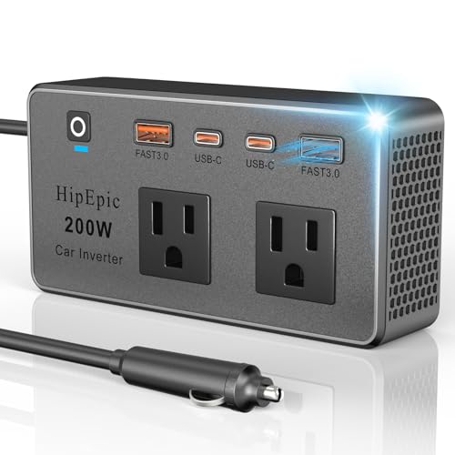 HipEpic 200W Car Power Inverter 12V to 110V Fast Charging, Car Outlet Adapter to Plug 24W USB A/C &...