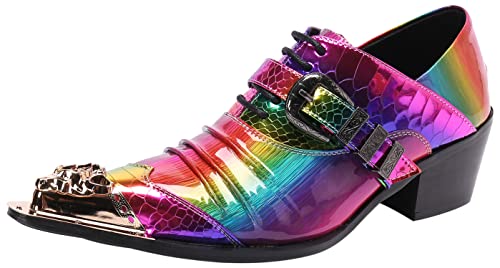 Santimon Mens Oxfords Casual Dress Tuxedo Shoes Genuine Leather Metal Pointed Toe Folding Texture Party Prom Wedding Ballroom Singer Bar Disco Derby Western Colorful Shoes for Men
