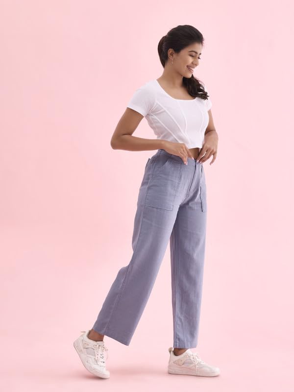 Image of GO COLORS Solid Linen Cargo Pants for Women | Full Length, Mid Rise, Side Pockets