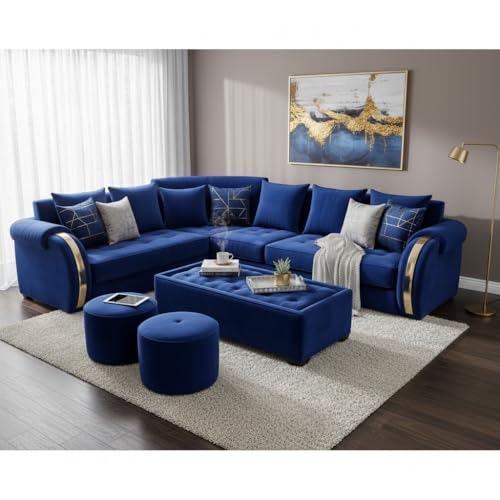 Image of APRODZ Solid Wood 6 Seater Sofa Set Velvet Fabric Sectional L Shaped Sofa with Center Table & Ottomans Corner Sofa for Home Office Cushioned Seating for Home & Lounge Use (Royal Blue)