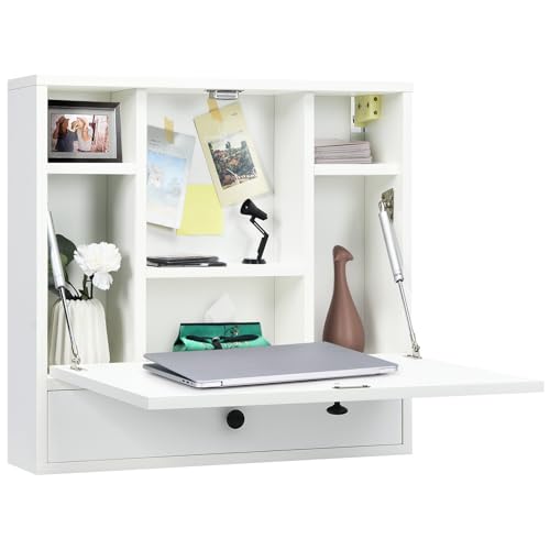 LIFEZEAL Mesa de Pared, Escritorio Plegable de Pared Que Ahorra Espacio, Mesa de Ordenador con cajón y estantes, Mesa Armario de Pared para Cocina, Oficina, Dormitorio (Blanco)