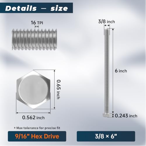 Image of 6 Sets Glvaner 3 /8-16 x 6 Stainless Steel Hex Head Screws Bolts, Nuts, Flat & Lock Washers, 18-8 (304) Stainless Steel, Full Thread, Coarse Thread
