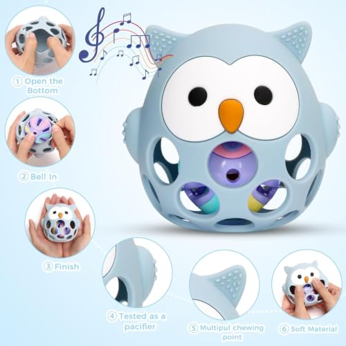 Image of PandaEar Rattle Teether for Babies 0-12 Months, Montessori Silicone Baby Teething Toy, BPA-Free Food Grade Freezer Safe Sensory Toy for Gum Relief & Motor Skills, Blue