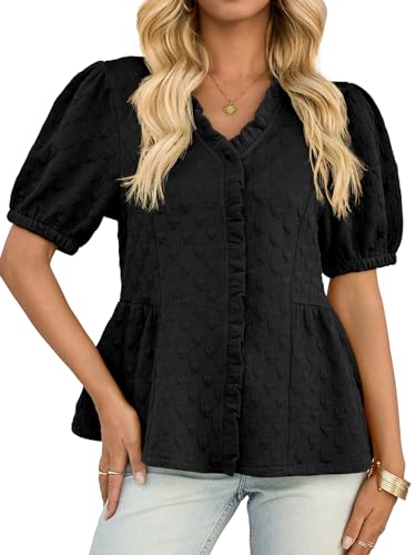 Cicy Bell Womens Peplum Puff Sleeve Tops Dressy Casual Summer Textured Blouses V Neck Ruffle Pleated Shirts
