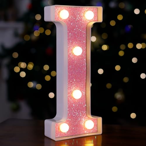 Image of LED Letter Lights Pink Glitter Marquee Letters Light Up Alphabet Letters Sign Battery Powered for Home Party Decoration Night Bar Wedding Birthday Christmas Lamp Girls Gift - Letter I