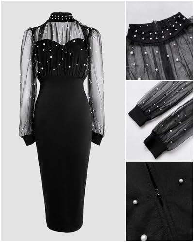 ChicMe Sexy Black Dress for Women Mock Neck Bodycon Midi Dress Long Sleeve Sheer Dresses Beaded Night Club Party Dresses Black-M