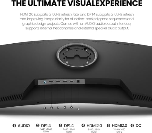 Display PC Gaming curvo da 34 pollici 165 Hz,Monitor PC WQHD 3440 x 1440,1 ms VRB, 2 x HDMI 2.0, DP 1.4,100 Hz & Display Port 165 Hz,VESA 75 x 75 mm Regolabile in altezza, FreeSync Premium - Monitor - Immagine 6