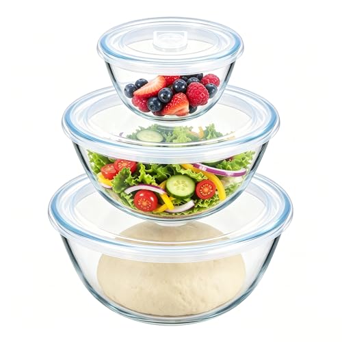E-far Glass Mixing Bowls with Airtight Lids Set of 3, 4.8,2.9,0.8 Qt Clear Glass Salad Bowls for Cooking Prep Baking Serving, Large Nesting Bowls for Storage Sourdough Proofing, Dishwasher S