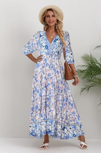 Image of Women Short Sleeve V Neck Floral Print Casual Bohemian Maxi Dresses