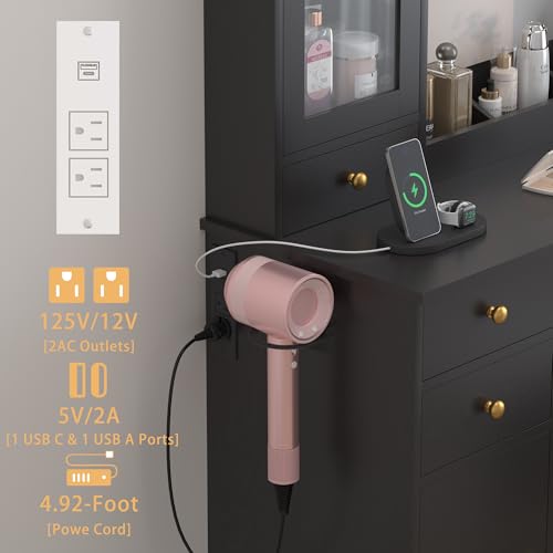 Image of Wodeer Vanity Desk with Mirror and Lights, 43 inch Black Makeup Vanity Set with 5 Drawers & Glass Cabinets, Power Outlet, Adjustable LED Lights & Makeup Tray, Dressing Table for Women & Girls Bedroom