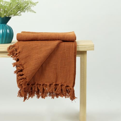 Image of Handmade Cotton Jute Sofa Throw 50x60 Inch Solid Soft Blanket for Living Room, Bed, Couch (Rust Brown)