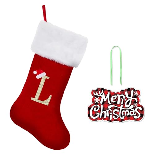 CRSTAFU Monogram Christmas Stocking, 20 Inches Family Initial Xmas Stockings, Super Soft White Plush Cuff with Deluxe Red Velvet Body and Gold Letter(L)
