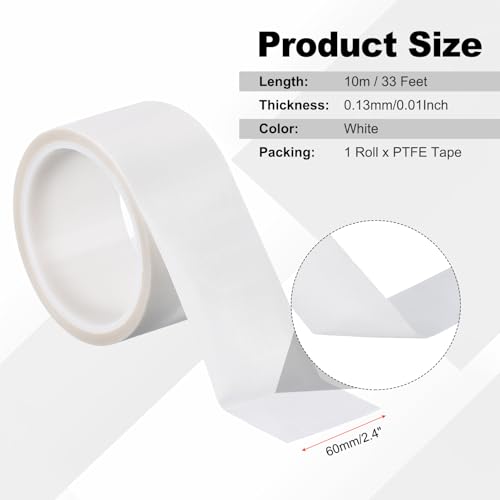 PATIKIL Hitzefestes Band, 2,4 Zoll x 33 Fuß Hochtemperaturband PTFE-Klebeband Hochtemperaturband Wasserdicht für Vakuumversiegelungsmaschine Isolationsschutz, Weiß, 0,13 mm dick