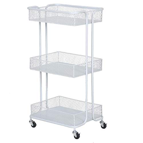 3 Nivel Cestas de Almacenaje con Ruedas,Blanco Hierro Carrito Verduras con Asas Ergonómicas para Cocina Baño Cuarto De Lavado Lugares Estrechos