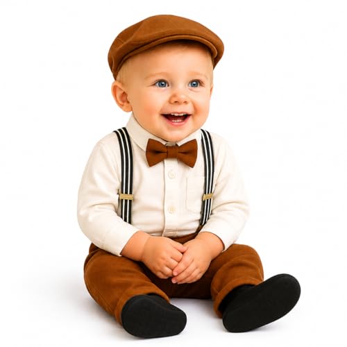 Image of Baby Boy Formal Outfit Set with Suspenders, Bow Tie & Newsboy Cap - Toddler Gentleman Dress Clothes for Birthday Party, Cake Smash, Wedding & Photoshoot