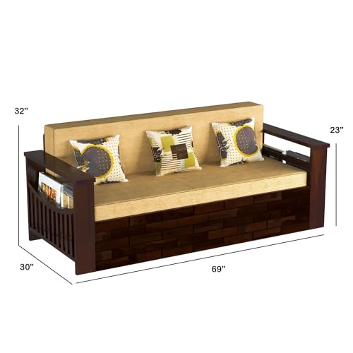 Image of Mamta Furniture Solid Wood Foster 3 Seater Sofa Cum Bed with 40 Density Cushions for Living Room, Three Seater Sofa Bed for Home, Sofa Com Bed, Sheesham Wood Natural Walnut Finish