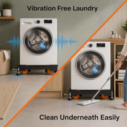 Image of ZOLMIX Washing Machine Stand Adjustable for 6kg, 6.5kg, 7kg, 8kg, 9 & 10kg | Top Load & Front Load Heavy Duty Fridge Stand for Dishwasher & Cooler | Anti Vibration Pads | 200kg Capacity | Black Orange