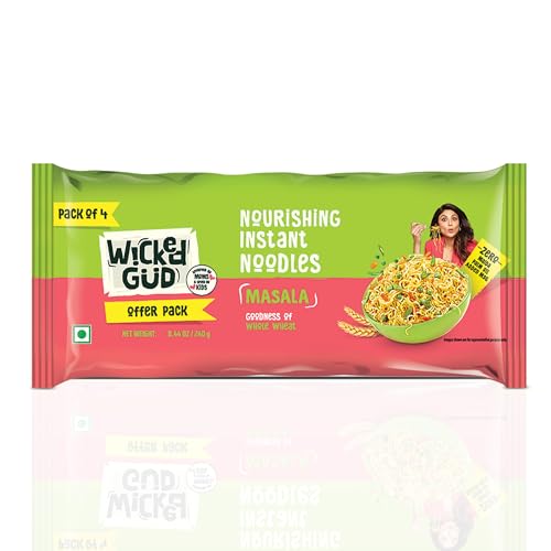 Image of Wickedgud Whole Wheat Masala Noodles 240g (Pack of 4) | No Maida | No Palm Oil | Source of Protein