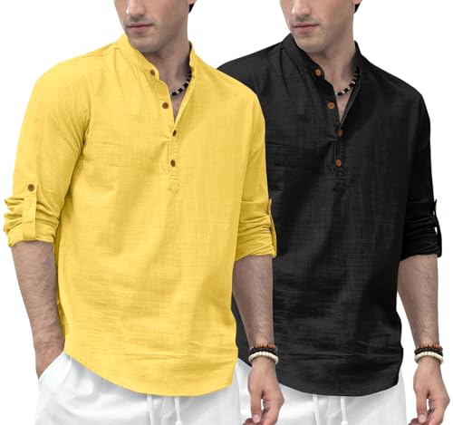 Image of Zombom Men's Combo Cotton Polyester Blend Solid Full Sleeve Straight Regular Fit Mandarin /Chinese Collor Kurta (Pack of 2)