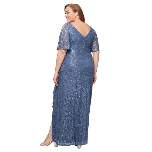 Alex Evenings Women's Long Stretch Lace and Sequin Mother of The Bride Dress with Cold Shoulder Flutter Sleeves (Plus Size)2