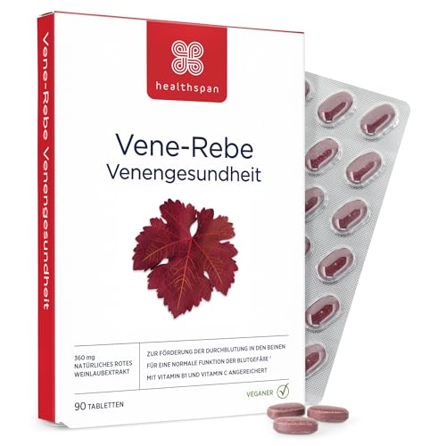 Healthspan Vene Vine 360mg | Gegen müde & schwere Beine | Unterstützt gesunde Beinvenenfunktionen | Roter Weinblatt-Extrakt | Zusätzliche Vitamine B1 & C | Vegan | 90 Tabletten