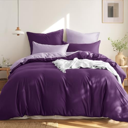 RUIKASI Bettwäsche 200x200 Baumwolle Lila - Bettwäsche-Sets 200x200cm 3teilig Wendebettwäsche 3tlg mit Reißverschluss, zweifarbige Bettbezug Set Dunkelviolett und Lavendel Cotton